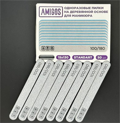 НАБОР Пилки овал на деревянной основе AMIGOS Мини 100/180 грит, 15x130 мм, gray, 50 шт 4673754401322